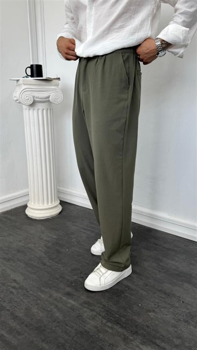 Pileli Baggy Kumaş Pantolon Yeşil