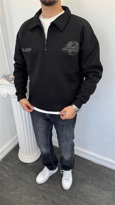 Polo Yaka Fermuarlı Şardonlu Sweatshirt Siyah
