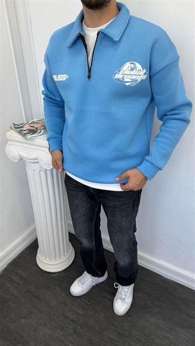 Polo Yaka Fermuarlı Şardonlu Sweatshirt B.Mavi