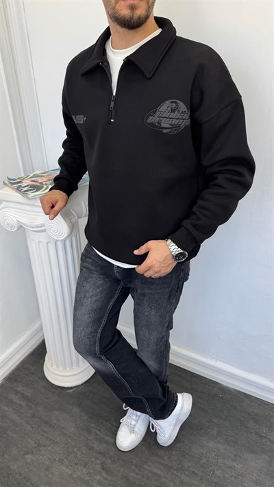Polo Yaka Fermuarlı Şardonlu Sweatshirt Siyah