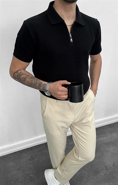 SW Yarım Fermuarlı Polo Yaka Triko Tişört  Siyah