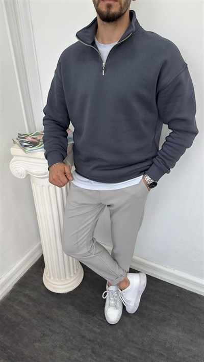 Yarım Fermuarlı Üç İplik Şardonlu Sweat Füme