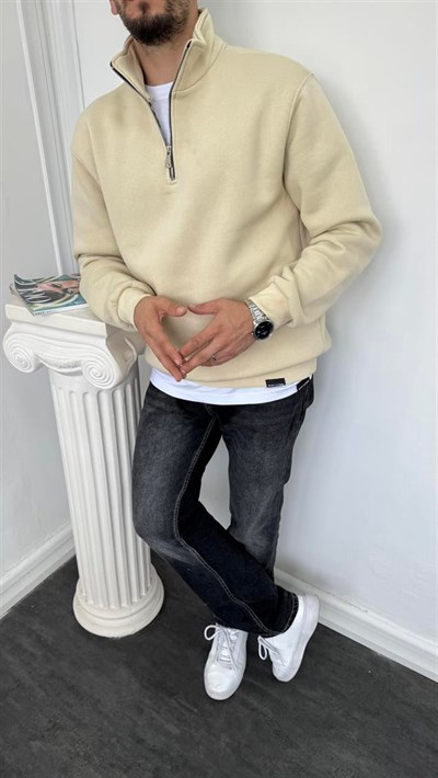 Yarım Fermuarlı Üç İplik Şardonlu Sweatshirt Krem