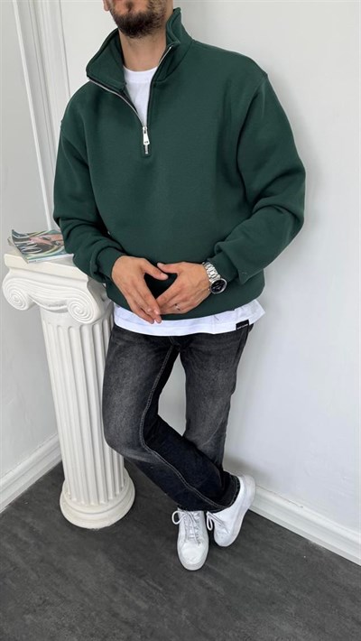 Yarım Fermuarlı Üç İplik Şardonlu Sweatshirt Yeşil
