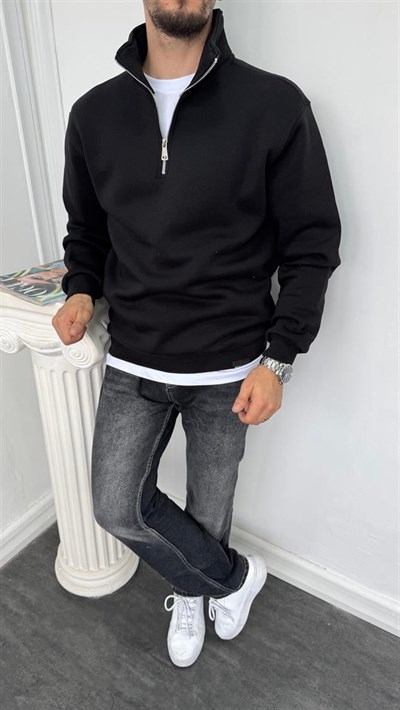 Yarım Fermuarlı Üç İplik Şardonlu Sweatshirt Siyah
