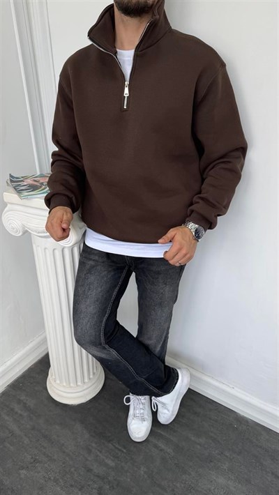 Yarım Fermuarlı Üç İplik Şardonlu Sweatshirt Kahverengi