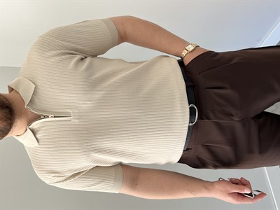 Krem Fermuarlı Triko Polo Tshirt