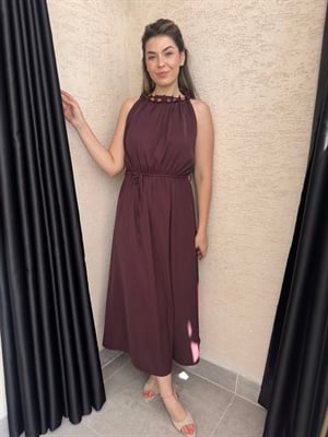 Boncuk Detaylı Bordo Halter Elbise 