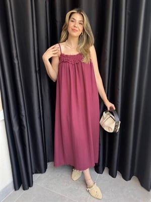 Bordo İp Askılı Drape Detaylı Elbise