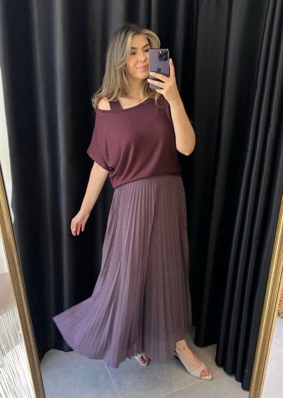 Bordo Puantiyeli Pileli Elbise Bluz Takım