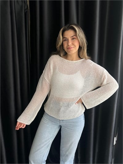 Ekru Minik Pullu Ajur Triko