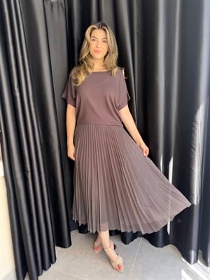 Kahve Puantiyeli Pileli Elbise Bluz Takım