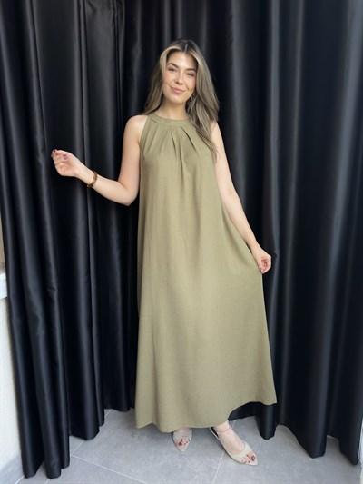 Keten Haki Yeşili Halter Yaka Pileli Elbise 