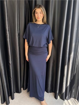 Lacivert Drape Detaylı Yarasa Kol Elbise