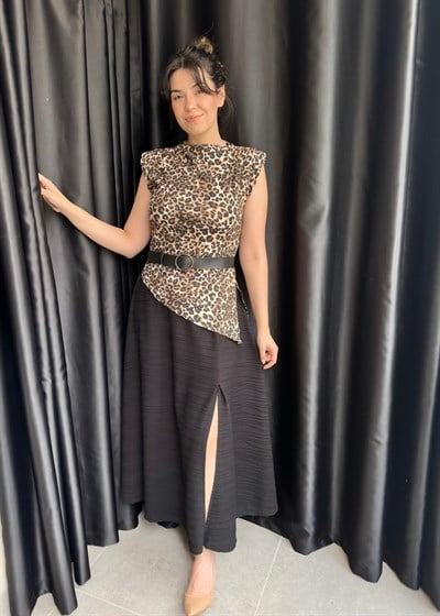 Leopar Bluz Etek Kemerli Takım