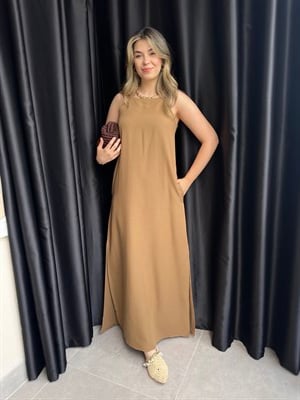 Olive Maksi Askılı Keten Elbise
