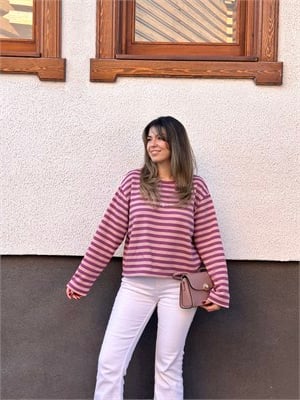 Pudra Pembe İnce Çizgili Yazılı Sweat
