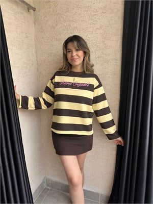 Sarı Kahve Çizgili Yazılı Sweat