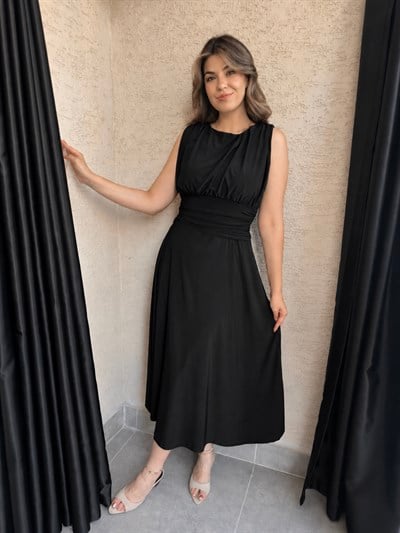 Siyah Büzgülü Sandy Elbise
