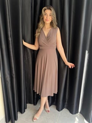 Sütlü Kahve Kruvaze Yaka Midi Elbisr