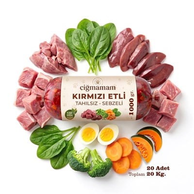 Kırmızı Etli Tahılsız Sebzeli Barf Köpek Maması 20 Kg - 1000 g x 20