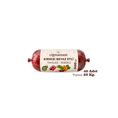 Kırmızı ve Beyaz Etli Tahılsız Barf Köpek Maması 20 Kg - 500 g x 40