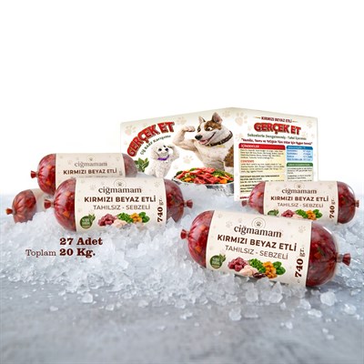 Kırmızı ve Beyaz Etli Tahılsız Barf Köpek Maması 20 Kg - 740 g x 27