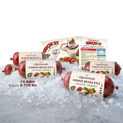 Kırmızı ve Beyaz Etli Tahılsız Sebzeli Barf Köpek Maması 2.71 Kg - 271 g x 10