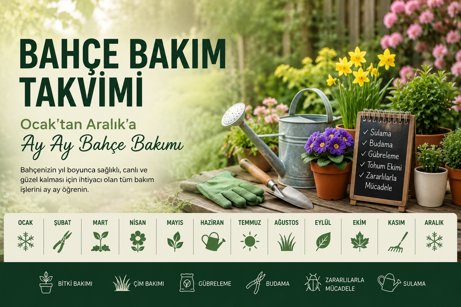 bahçe bakım takvimi,bahçe bakımı,aylık bahçe bakımı,çim bakımı,bitki bakımı,gübreleme,budama,sulama,tohum ekimi,bahçe zararlıları,mevsimsel bahçe bakımı