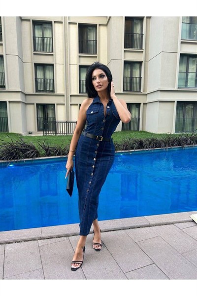 Kemerli Kot Elbise Denim Likralı Sırt Dırapeli