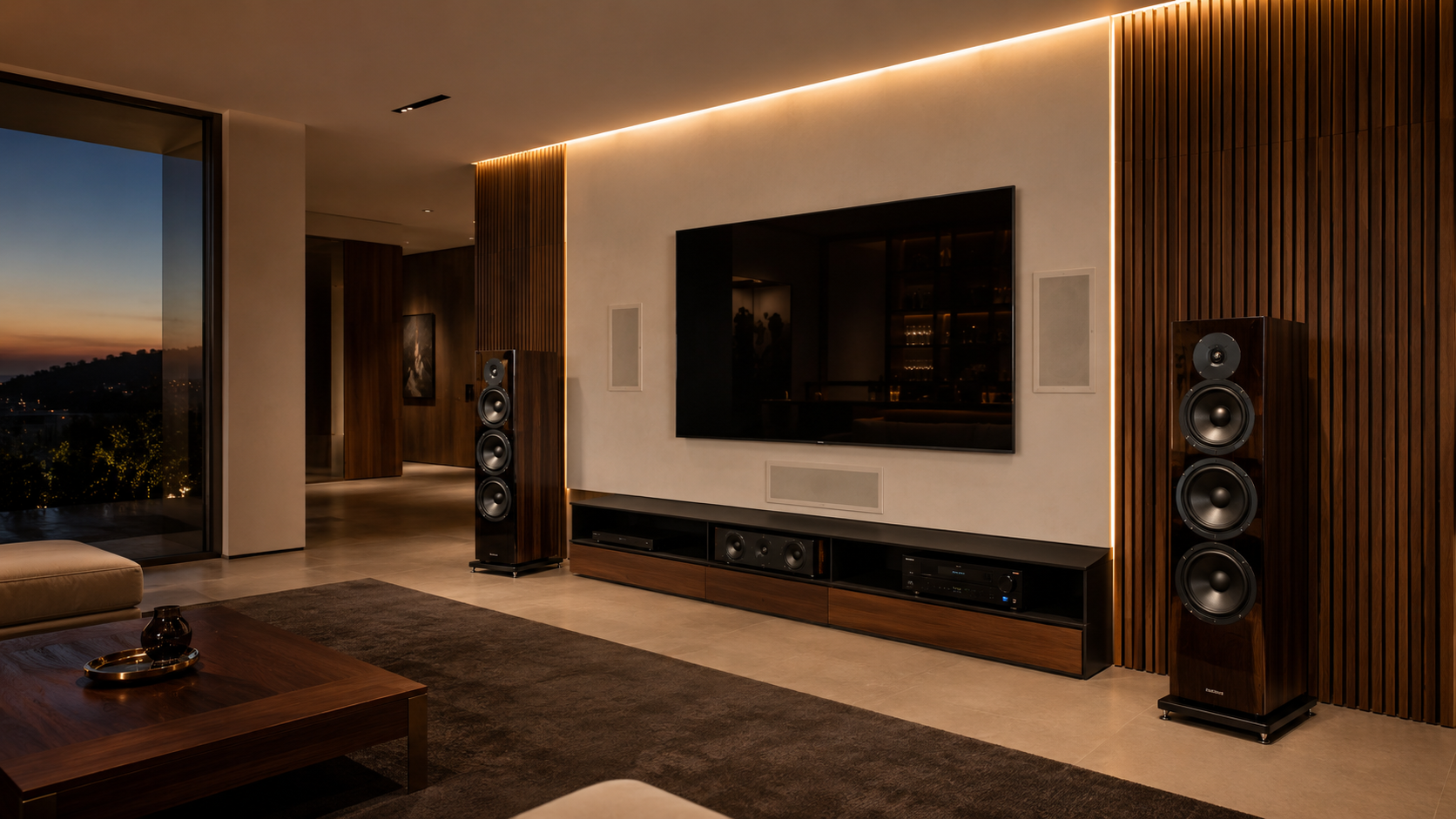 Modern villada Hi-Fi kule hoparlörler, ev sineması televizyon sistemi ve gizli mimari hoparlör entegrasyonu
