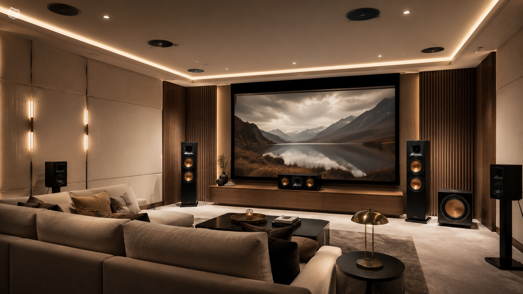 Profesyonel ev sinema odası kurulumu, Dolby Atmos tavan hoparlörleri, surround ses sistemi ve lüks home cinema tasarımı