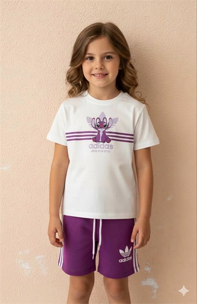 Beyaz Fuşya Karakter Desenli Tshirt-Şort Takım