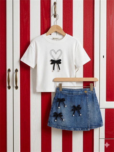 Fiyonk Detaylı Kalpli Tshirt-Kot Şort Etek Takım