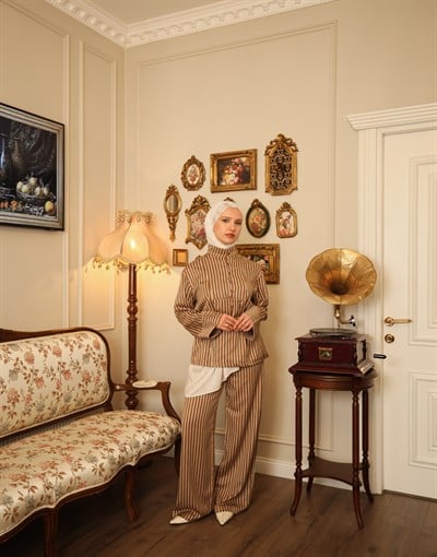 ADOLFO PİLELİ ÇİZGİLİ PANTOLON KAHVERENGİ