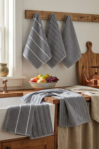 %100 Pamuklu 6 lı Mutfak Havlu Seti  30X45 Cm Luna Naturel Antrasit