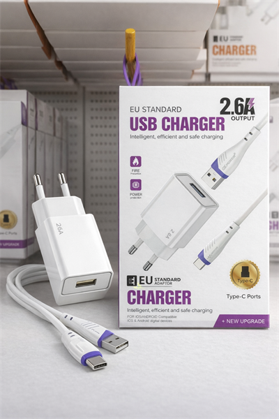 2.6A USB Sarj Adaptoru + Type-C Sarj Kablosu (EU)