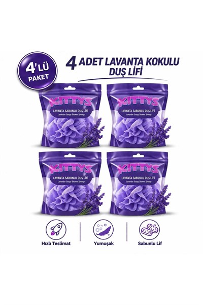 KITTYS 4LÜ SET SABUNLU DUŞ LİFİ SETİ (Lavanta Sabun Kokulu Duş Lifi)