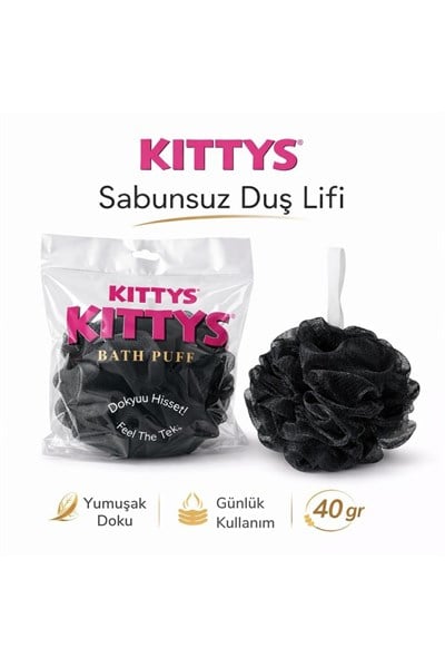 KITTYS Siyah Sabunsuz Duş Lifi 40GR Yumuşak ve Dayanıklı Banyo Lifi, Duş Jeli ile Kullanım