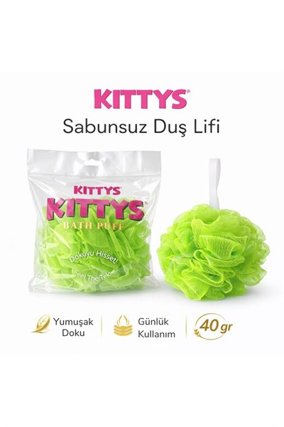 KITTYS Yeşil Sabunsuz Duş Lifi 40GR Yumuşak ve Dayanıklı Banyo Lifi, Duş Jeli ile Kullanım