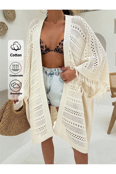 Kadınlar için plaj yaz tatil kimono, önü açık kısmında püskül detaylı örgü hırka