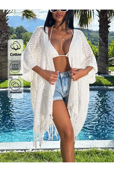 Yazlık Tığ İşi Kimono Kadın Plaj Pareo Püsküllü Hırka Ceket