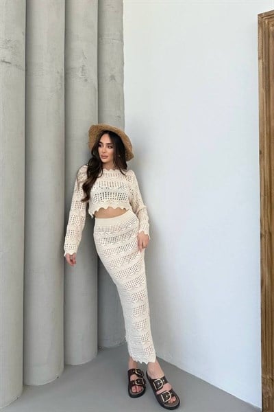 KADIN BİKİNİ ÜSTÜ PLAJ GİYİM BLUZ ETEK AJURLU TRİKO İKİLİ TAKIM