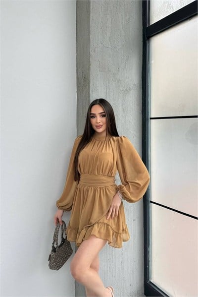 KADIN CAMEL ETEĞİ FIRFIRLI BÜZGÜ DETAYLI BALON KOL ŞİFON ELBİSE