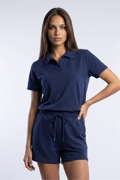 KADIN SOFT ÖRME KUMAŞ POLO YAKA BLUZ VE BELİ LASTİKLİ ŞORT İKİLİ TAKIM