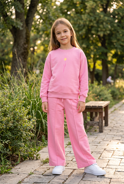Kız Çocuk Çiçek Baskılı Sırt Detaylı Sweatshirt İkili Takım 2 İplik