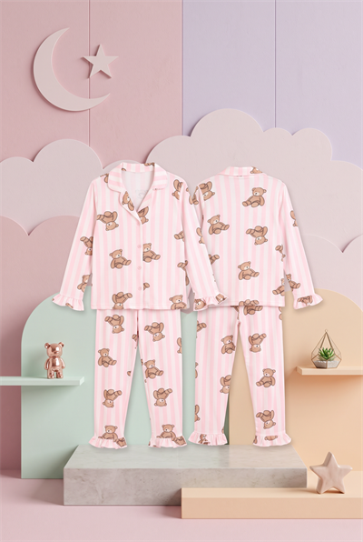 Kız Çocuk Çizgili Ayıcık Figürlü Yumuşak Doku Kumaş Pijama Takımı