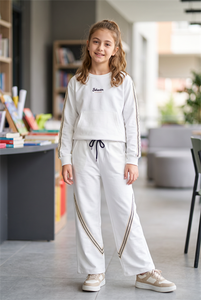 Kız Çocuk Krem Şeritli Sweatshirt Eşofman Altı İkili Takım 2 İP