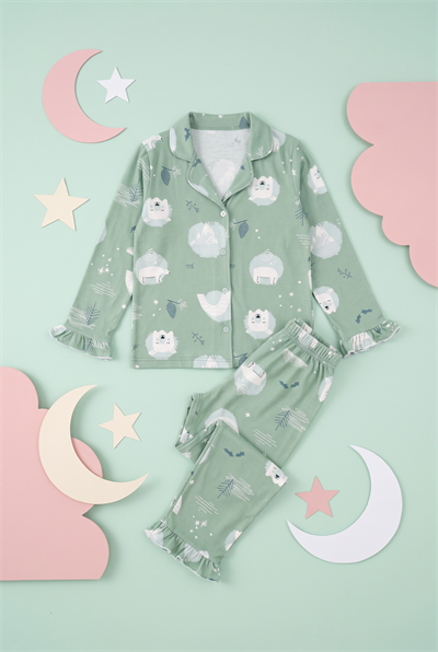 Kız Çocuk Pijama Takımı Gömlek Yaka Düğmeli Kutup Ayısı Figürlü Yumuşak Dokulu 2 İplik Kumaş