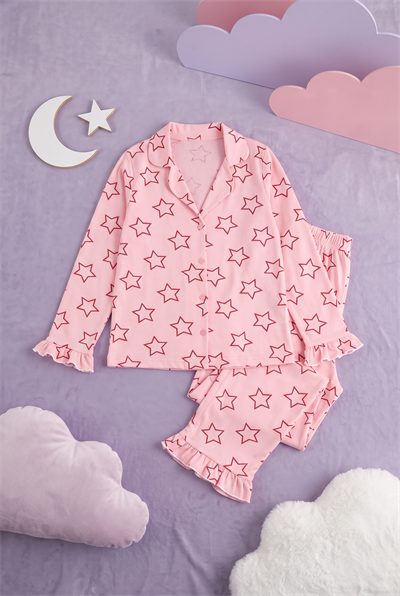 Kız Çocuk Pijama Takımı Yıldız Baskılı Düğmeli Gömlek Yaka Yumuşak Dokulu 2 İplik Kumaş
